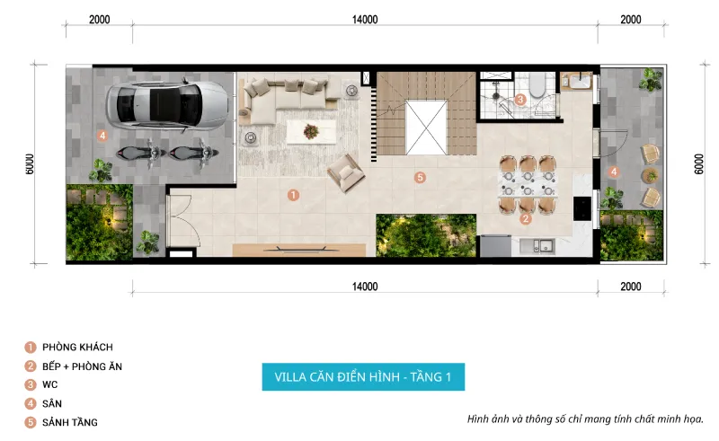 Mặt bằng VILLA CĂN ĐIỂN HÌNH - Tầng 1